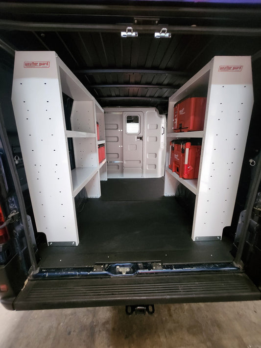 Weather Guard van shelfing installed in a ram promaster by Pro Fleet Upfitters 