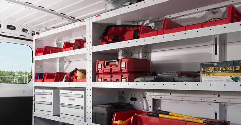 Weather guard shelving in van 